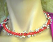 OOAK necklace choker necklace, red glass and tiny pearls