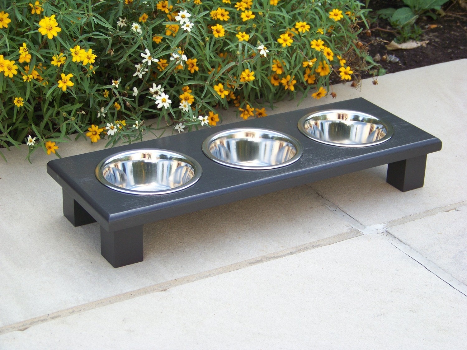 Black Elevated 3-Bowl Cat Feeder 3" Tall with 1-Pint Bowls
