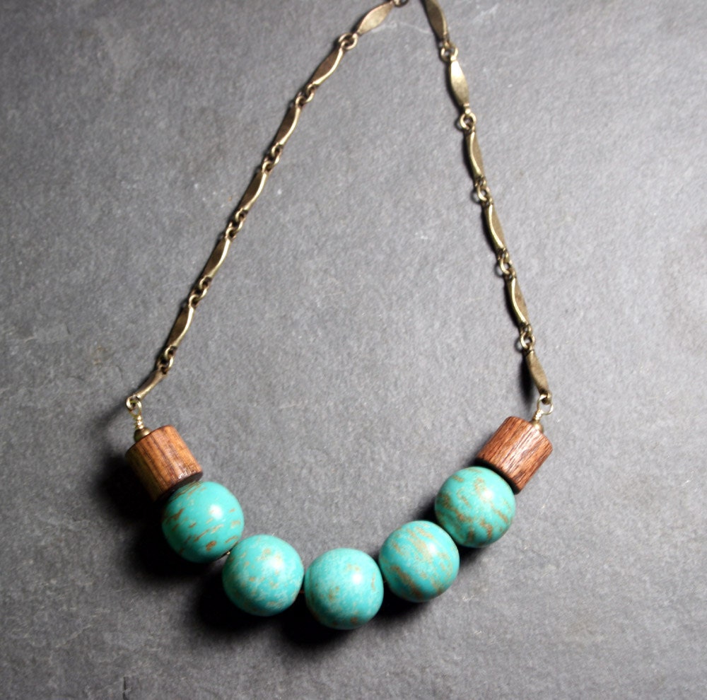 Boho Necklace - Magnesite strand and wood beaded Necklace, Brass