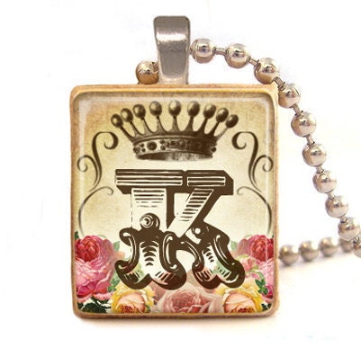 Monogram necklace pendant , Vintage crown initial monogram  scrabble tile pendant with ball chain necklace included