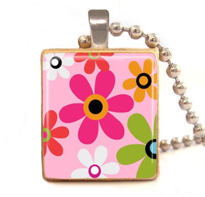 Scrabble tile party favor  PINK Bright Flowers with ball chain necklace included