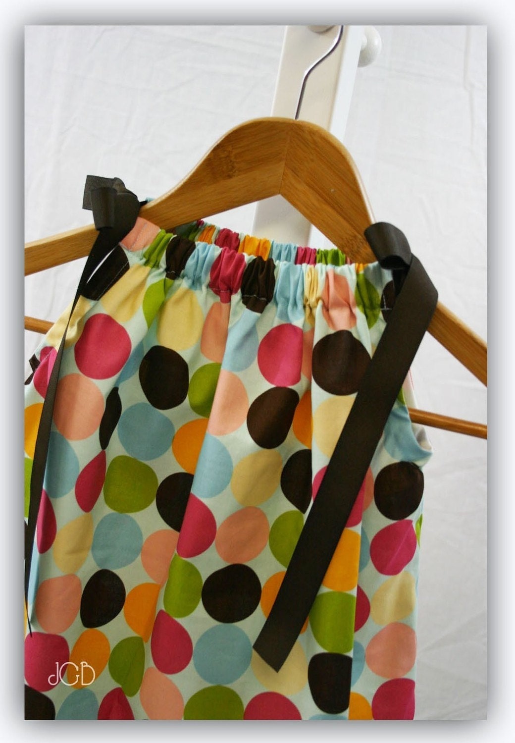 Girls Pillowcase Dress Happy All Over Dot with Brown Ribbon Ties Size 6mo, 12mo, 18mo, 2T, 3T, 4T,  5T Sizes 6, 7, 8 Three Dollars More