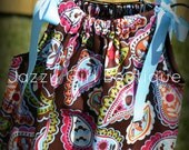 Girls Dress Pillowcase Style Joy Paisley with Blue Ribbon Ties Sz 6mo, 12mo, 18mo, 2T, 3T, 4T, 5 Sz 6, 7, 8 Three Dollars More