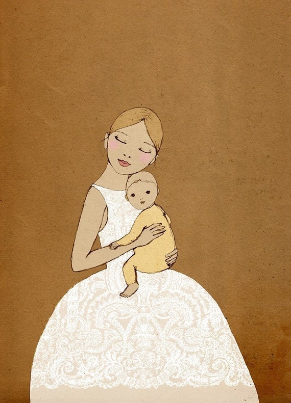 Girl with Baby Deluxe Edition Print of original drawing