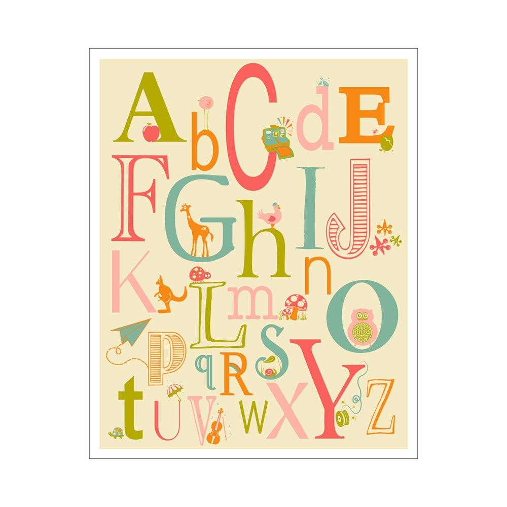 Children's Wall Art / Nursery Decor Alphabet Poster - ABC alphabet typography 8x10 inch Poster Print