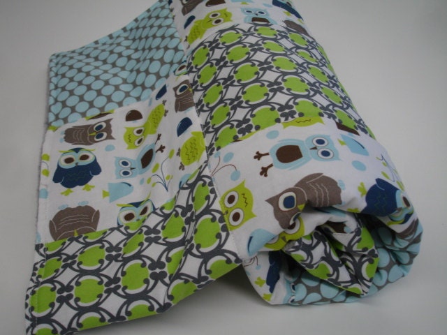 Modern Owls Patchwork Baby Crib  Blanket 32 x 32 MADE TO ORDER