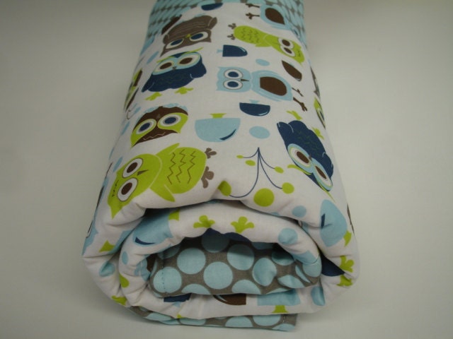 Modern Owls in Full Moon Polka Slate Baby Blanket with Minky 27 x 28 MADE TO ORDER