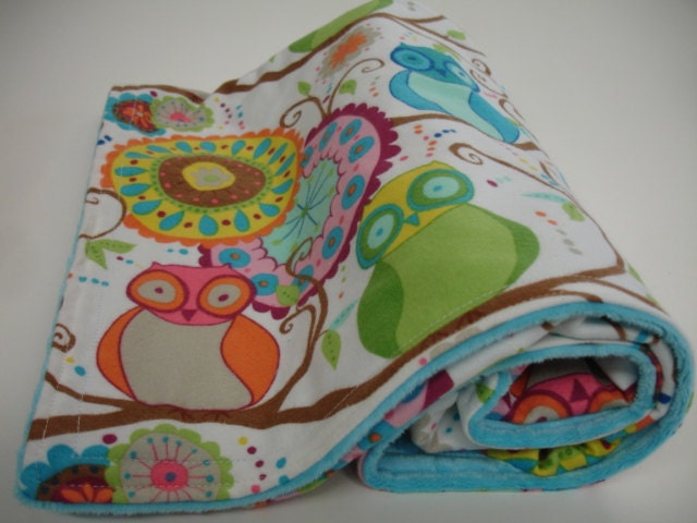 Owl Friends in Multi Flannel Blanket with Turquoise Minky 35 x 35 MADE TO ORDER
