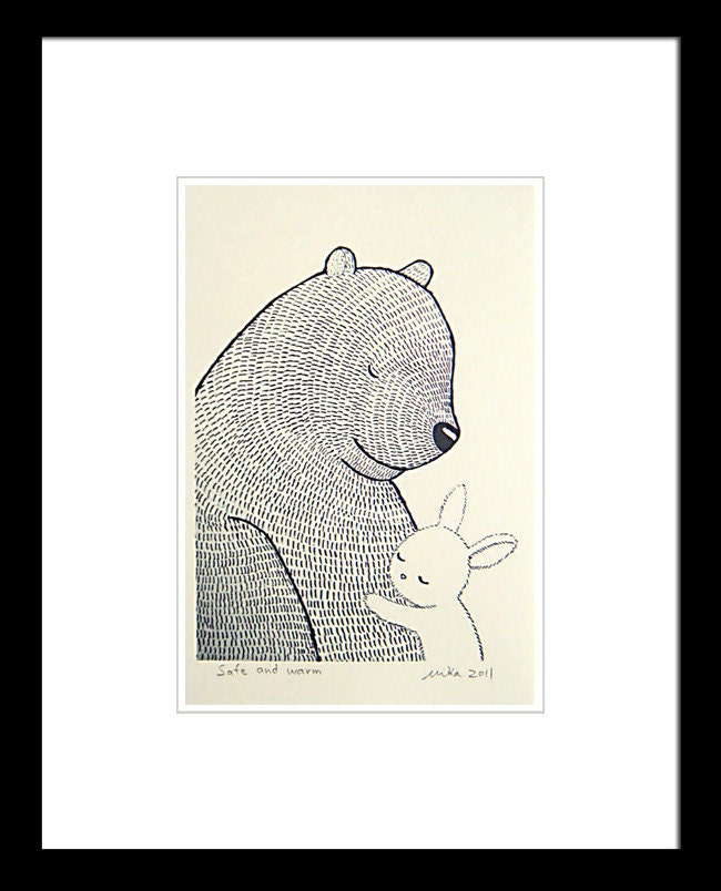 Bunny Bear Print Original Ink Drawing Black White Ivory Love Illustration 4x6 MiKa Art