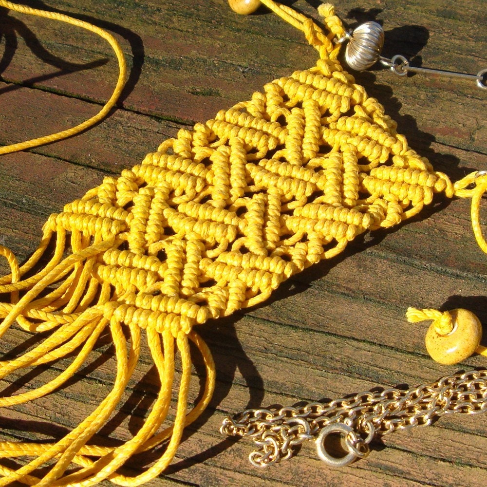 Macrame Yellow Fiber Pendant, Sailors Knots...HiPPIE BoHO TRiBAL BReASTPLATE, Yellow Macrame, Beaded Fringe, Vintage Recycled Chain