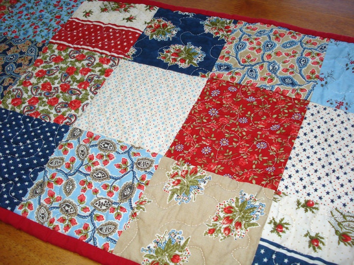 Red White and Blue Quilted Table Runner - American Banner Rose Fabric by Moda
