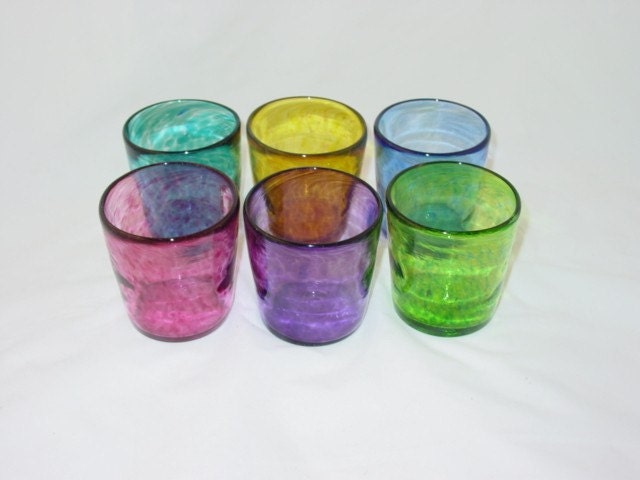 Hand Blown Glass  Small Juice Cups set of 6  in colors of purple, cranberry, aqua, green, lime green, amber and light blue.