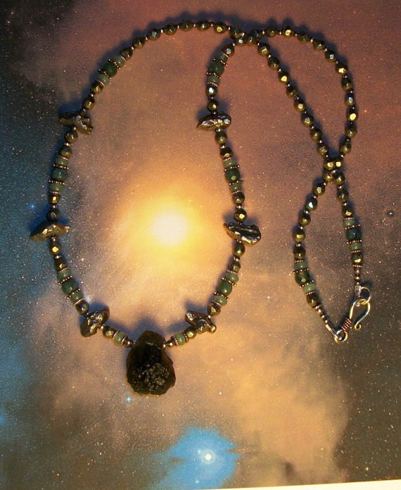 COSMIC CAMO Moldavite and 6 Meteorites Moss Quartz Pyrite Aventurine Sterling Silver Outer Space Rock Beaded Necklace Rare Sale