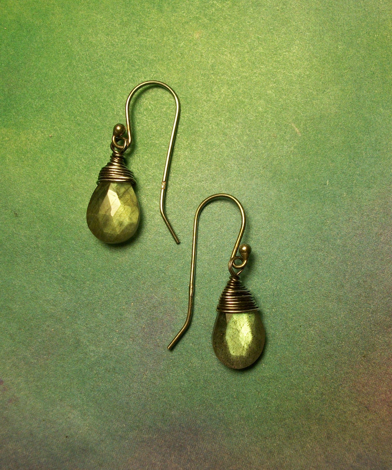 Sale ORGANIC LABRADORITE Golden Green Flash Oxidized Polished Sterling Silver Faceted Gemstone Dangle Earrings