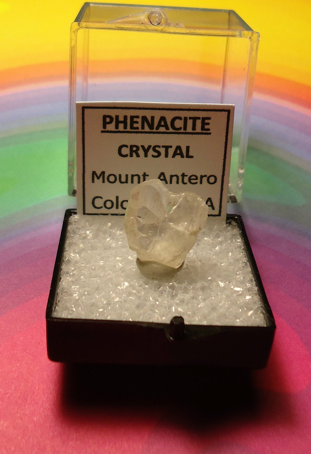 Rare Colorado PHENACITE / PHENAKITE Rare Natural Top Grade Clear Double Terminated Twin Crystal In Perky Mineral Specimen Box From U.S.A.