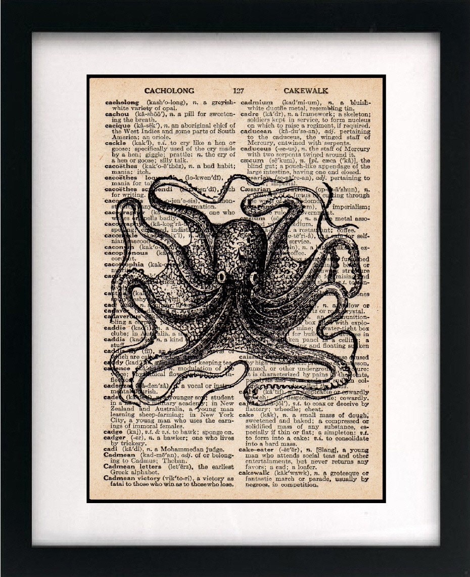 octopus print - octopus art print - vintage dictionary print - book page print - vintage octopus illustration print -