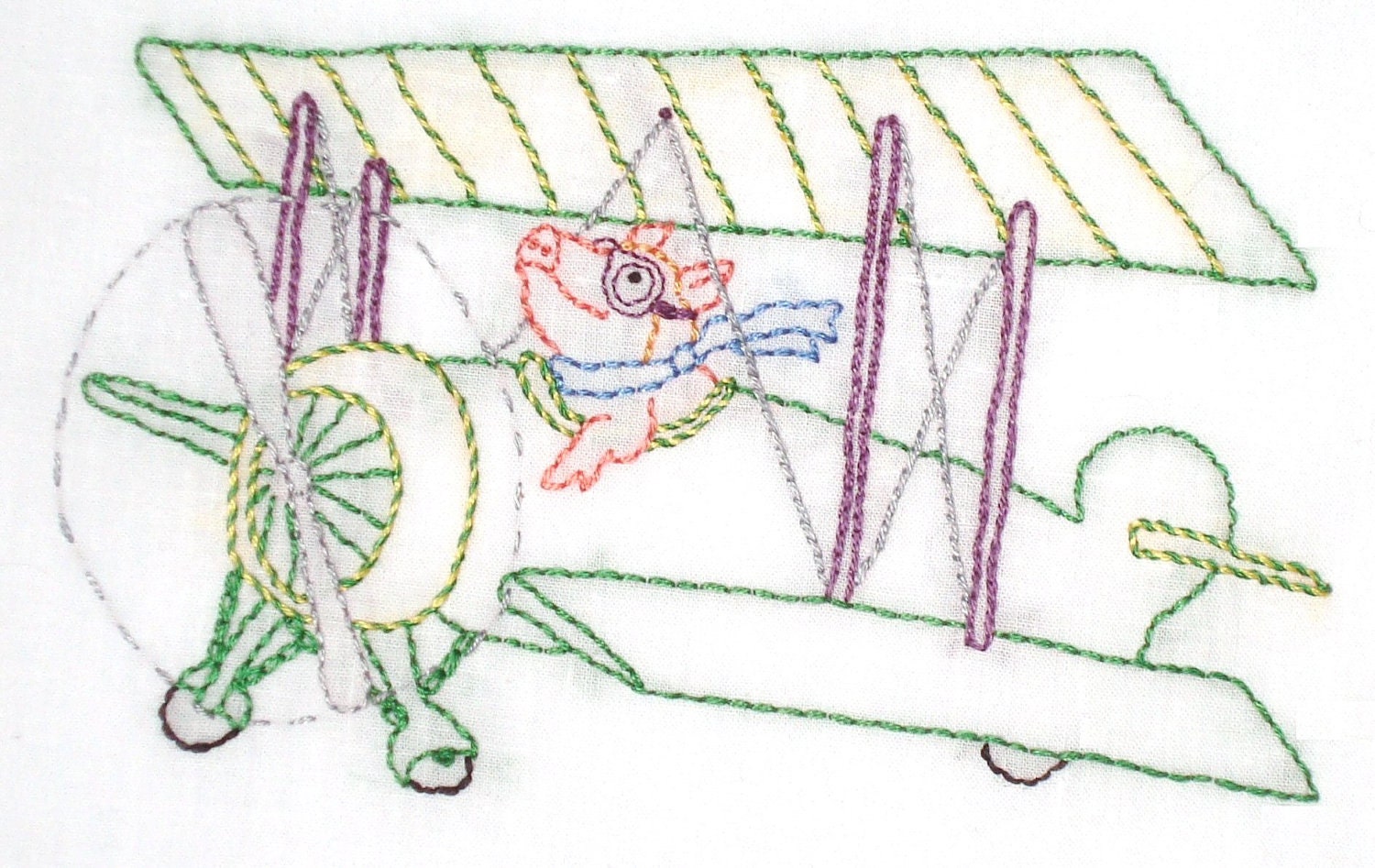 Flying Pig in Biplane Hand Embroidery Pattern PDF