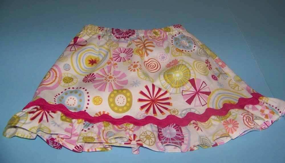Skirt Girl's  Pink Print Skirt with Ruffle Child's Skirt in Colorful Print with Pink Rick Rack Trim