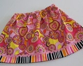 Skirt-Girls -Pink - Print with Striped Border Childs Skirt with Rick Rack Trim - Pink - Yellow - Orange kids Skirt Pink