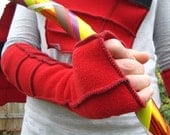 Red Extra Long Recycled Fleece Fingerless Gloves, Black thread details, vegan fabric, size MEDIUM