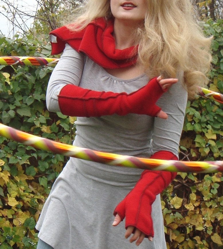Red Fingerless Gloves, Extra Long Recycled Fleece  Arm warmers, Black thread details, size Medium