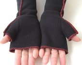 Rocker Black Recycled Fleece Fingerless Gloves, Extra Long , red thread details, size Medium