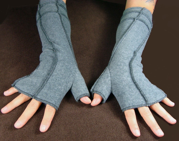 Fleece Grey fingerless gloves, extra long, Recycled fabric, BLACK thread, size SMALL