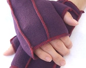 Purple Arm Warmers, Recycled Fleece Fingerless Gloves, red thread details, MEDIUM, Free Domestic U.S. Shipping