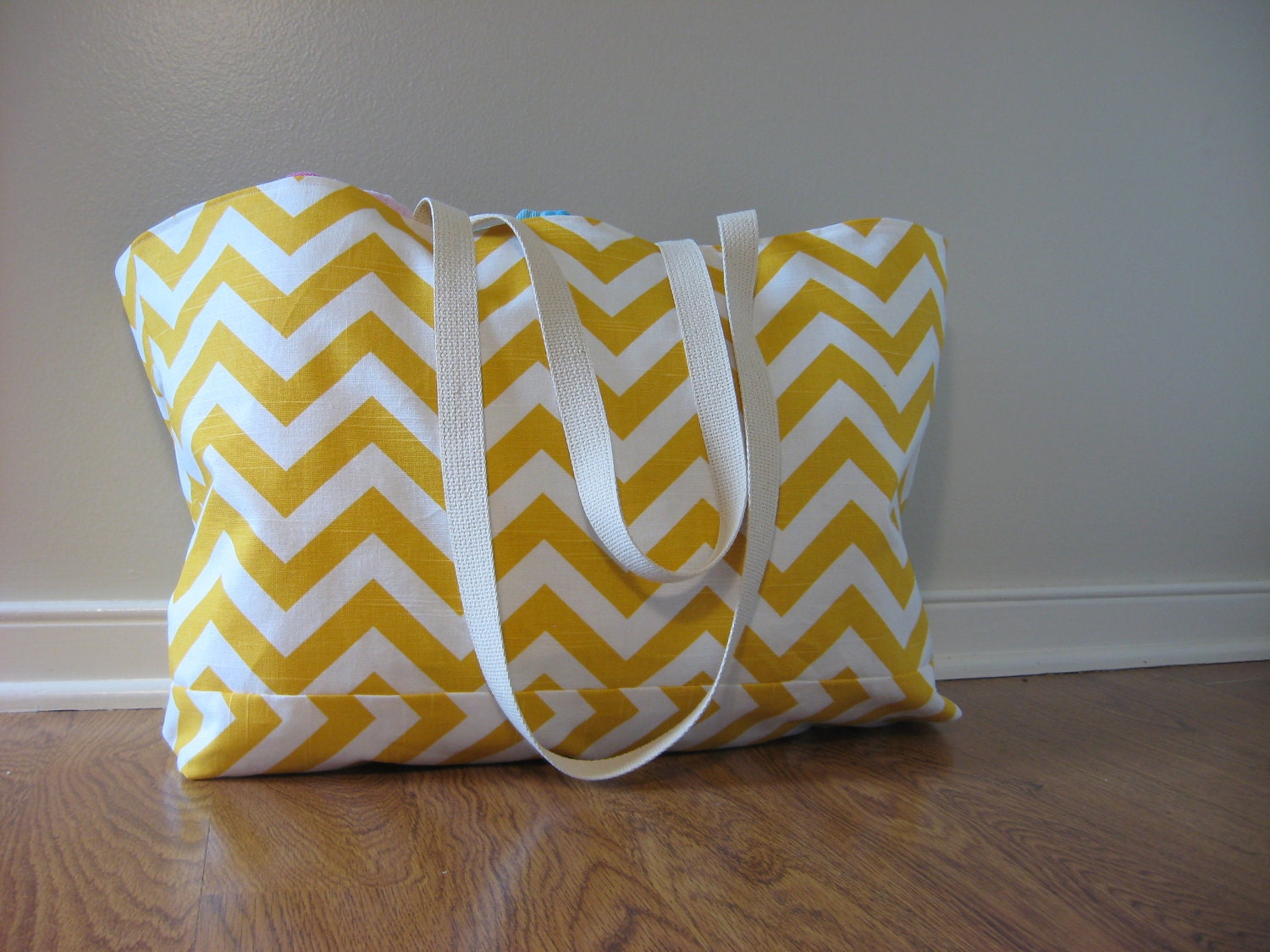 Extra Large Beach Tote, Beach Bag Chevron,  Yellow slub
