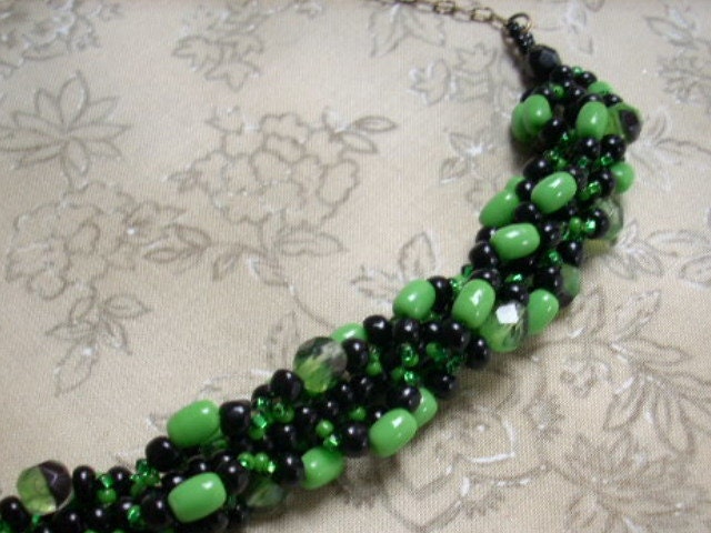Green & Black Beadwoven CHLOE Necklace with Antiqued Brass Chain