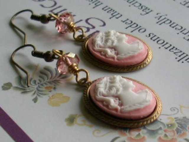 Pink Cameo & Czech Glass - PIPPA - Earrings in Antiqued Brass