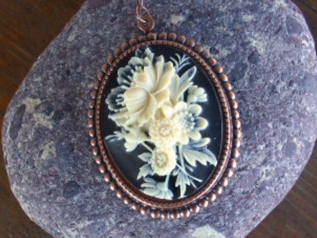 Black Ivory Floral Cameo Necklace MIDSUMMER EVE Copper & Czech Glass