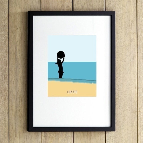 Children's Silhouette Wall Art, Fun at the Beach, 8x10, Nursery Room Decor, Name print