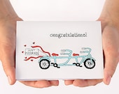 Wedding Congratulations Card. Just Married Bike. Turquoise, Agua, Red. Blank Wedding Card.