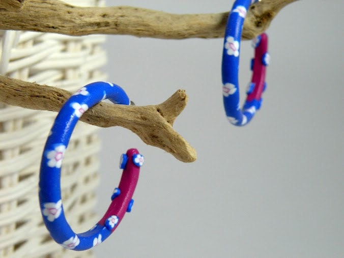 Hoop Earings in Blue, Fushia and White - Summer