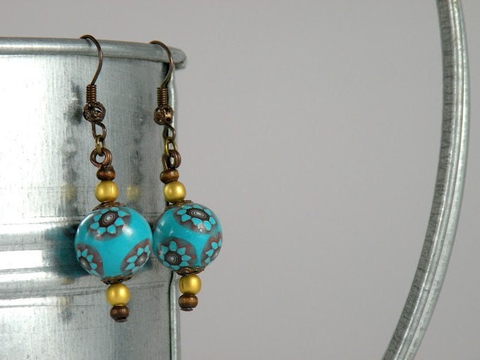 Dangle Earings, Turquoise Blue and Brown Beaded Earings, Gold Ball Earings