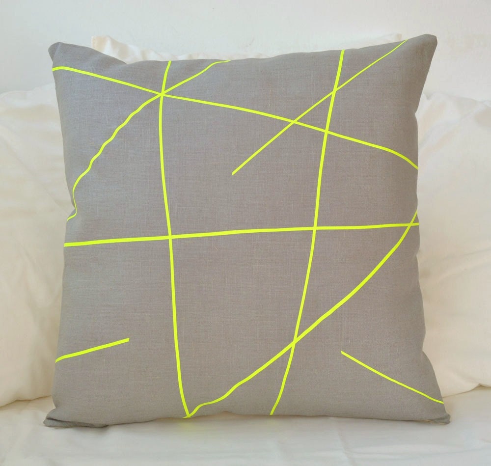 Grey linen with neon yellow stripes pillow cover, modern graphic design for your home, Mikado Series