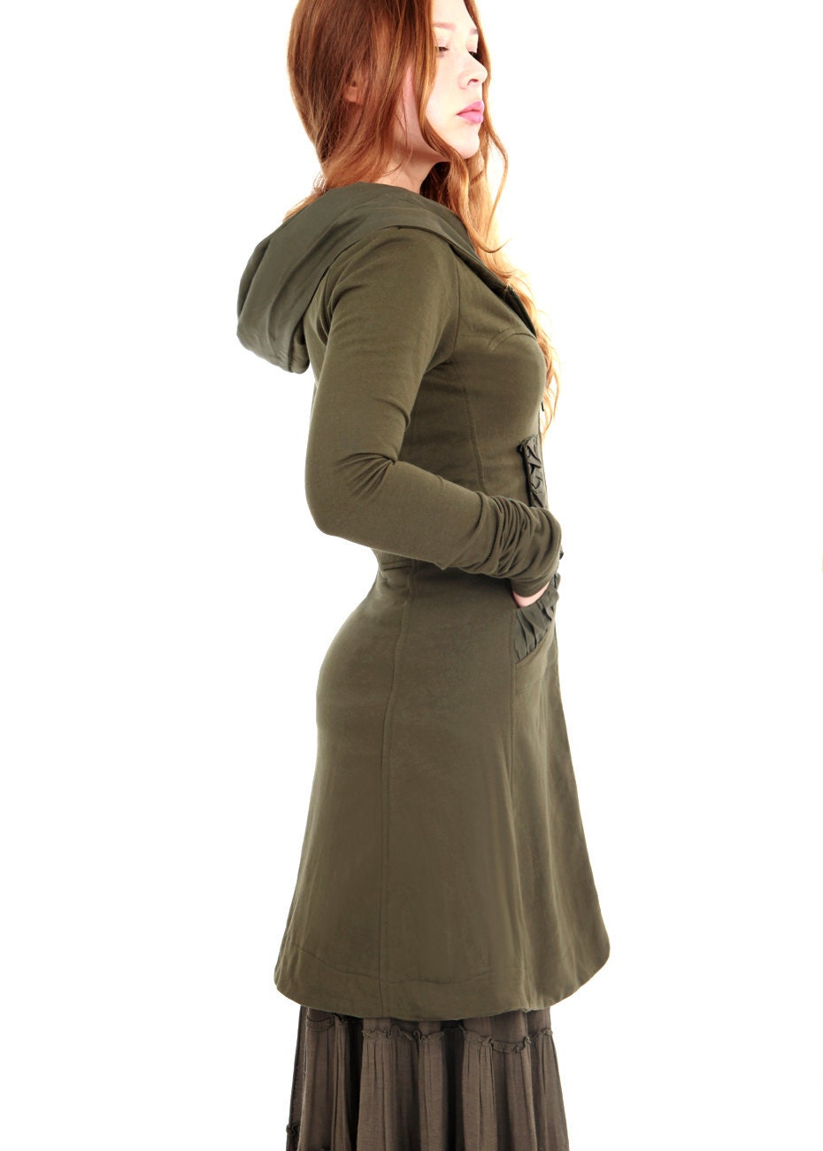 Olive green women hoodie, long classy gorgeous silhouette with a generous hood all sizes
