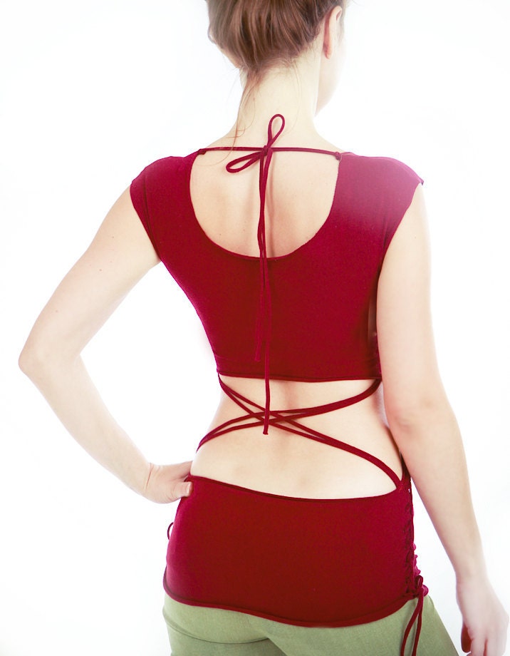 Women tank top open back criss cross, very soft and stretchy in red and black