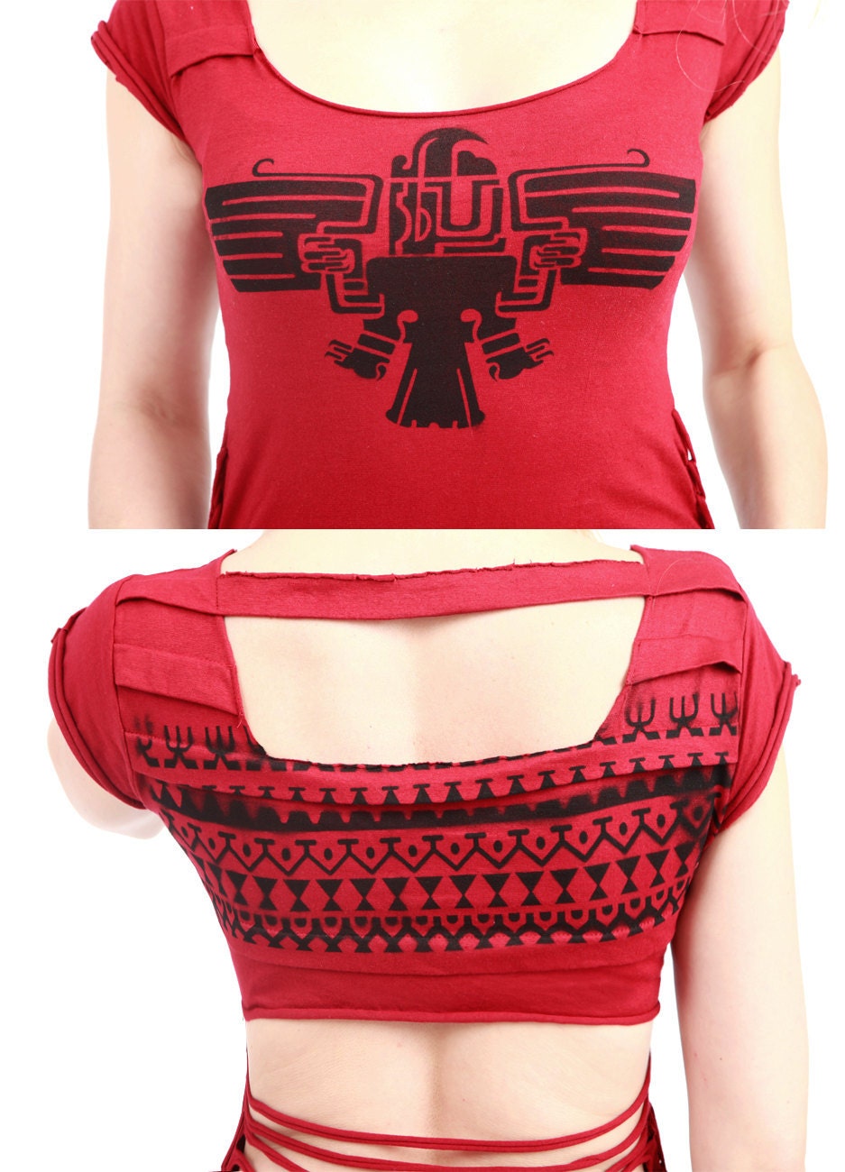 Red women top Aztec motif, Tribal eagle, braided,MEDIUM