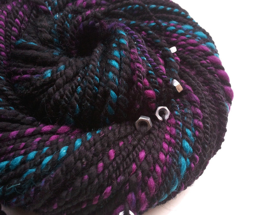 Handspun Art Yarn - I ROBBED the HARDWARESTORE - Black, Phlox Purple, Teal. Bulky Two-Ply with Screw Nuts and Texture. 98 yards, 5.43 oz