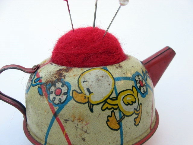Pin Cushion - Needle Felted - In Vintage Tin Toy Teapot - Red