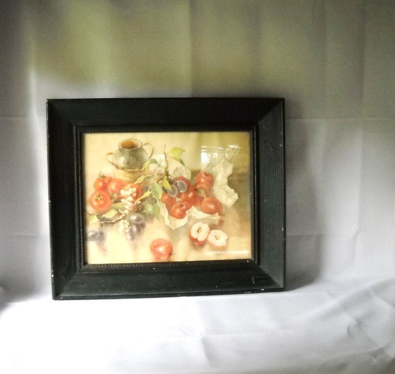 Vintage Print Still Life Print Fruit Apples Plums Tomato Cottage Decor Framed Print