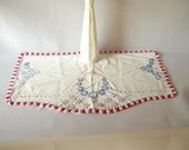 Vintage Dresser Scarf  Embroidered Dresser Scarf Red & Blue Cotton Linen Blue Daisy Lace Edged Crochet Cottage Style Boudoir Decor