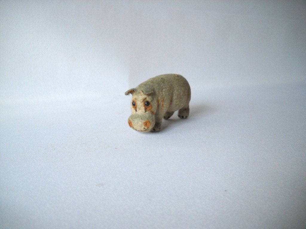 Vintage Hippopotamus Figurine Flocked Hippo Toy West German Toy Grey Gray African Animal Zoo Wild Animal