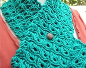 SALE Turquoise Merino Wool Neck Warmer Broomstick Lace Pattern with Copper Button