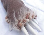 SALE Brown Merino Wool Fingerless Gloves with Brown, Cream, Mohair Trim
