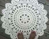 Ecru Off White Cotton Crochet Doily Rug in 30" Circle Lacy Pattern Non Skid READY TO SHIP