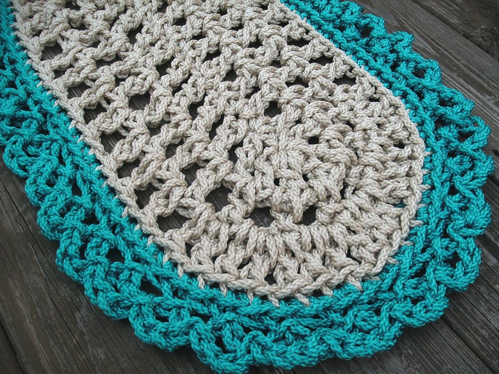 Off White Pearl and Turquoise Crochet Doormat in Oval Pattern
