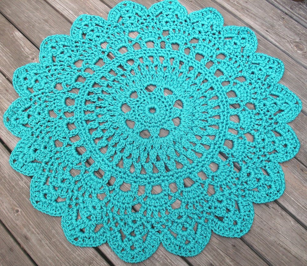 Turquoise Patio Porch Cord Crochet Rug in 35" Round Pineapple Pattern READY TO SHIP